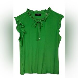 TAHARI GREEN RUFFLE TIE NECK SLEEVELESS V-NECK TOP SMALL PETITE
